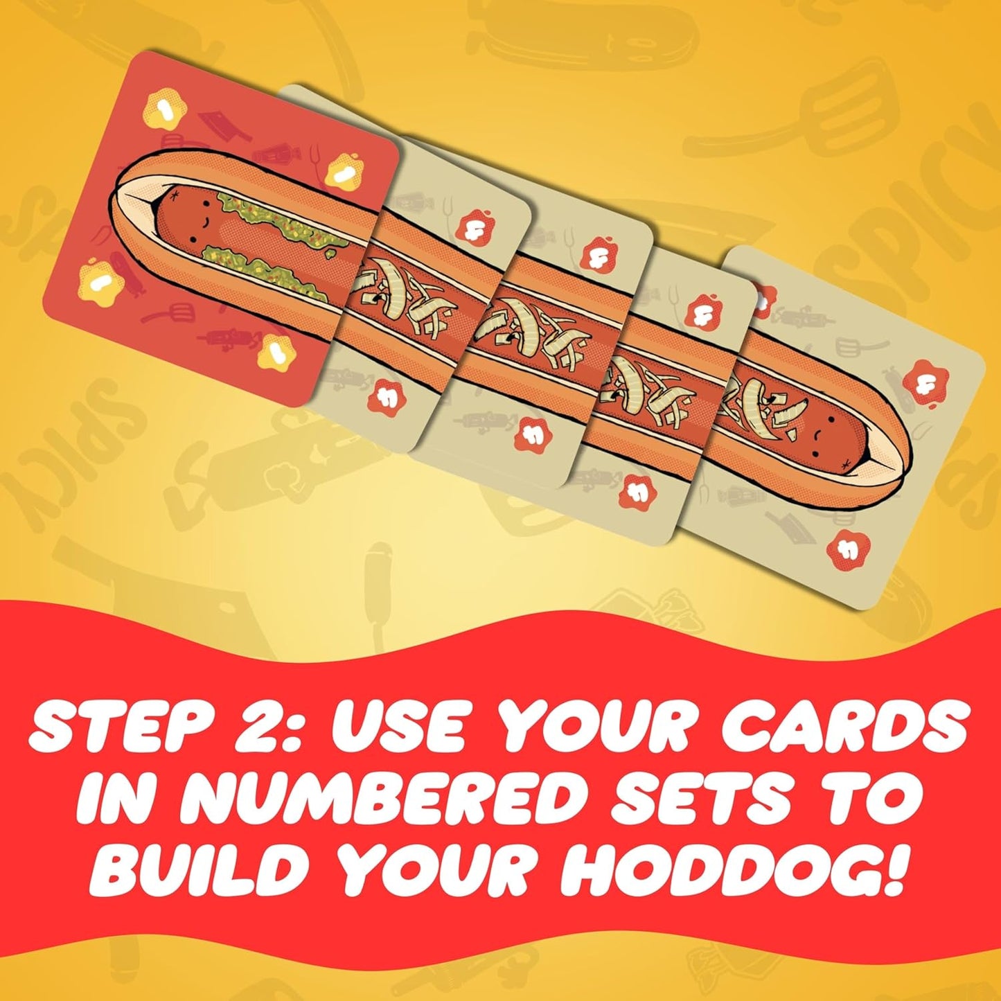 Numbered game cards sequentially build a long hotdog with relish and onions. Text: Use cards to build your Hoddog!