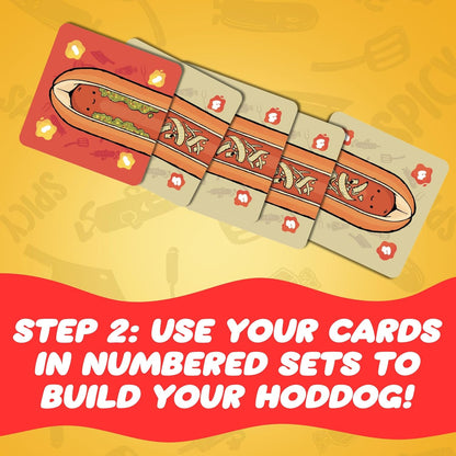 Numbered game cards sequentially build a long hotdog with relish and onions. Text: Use cards to build your Hoddog!