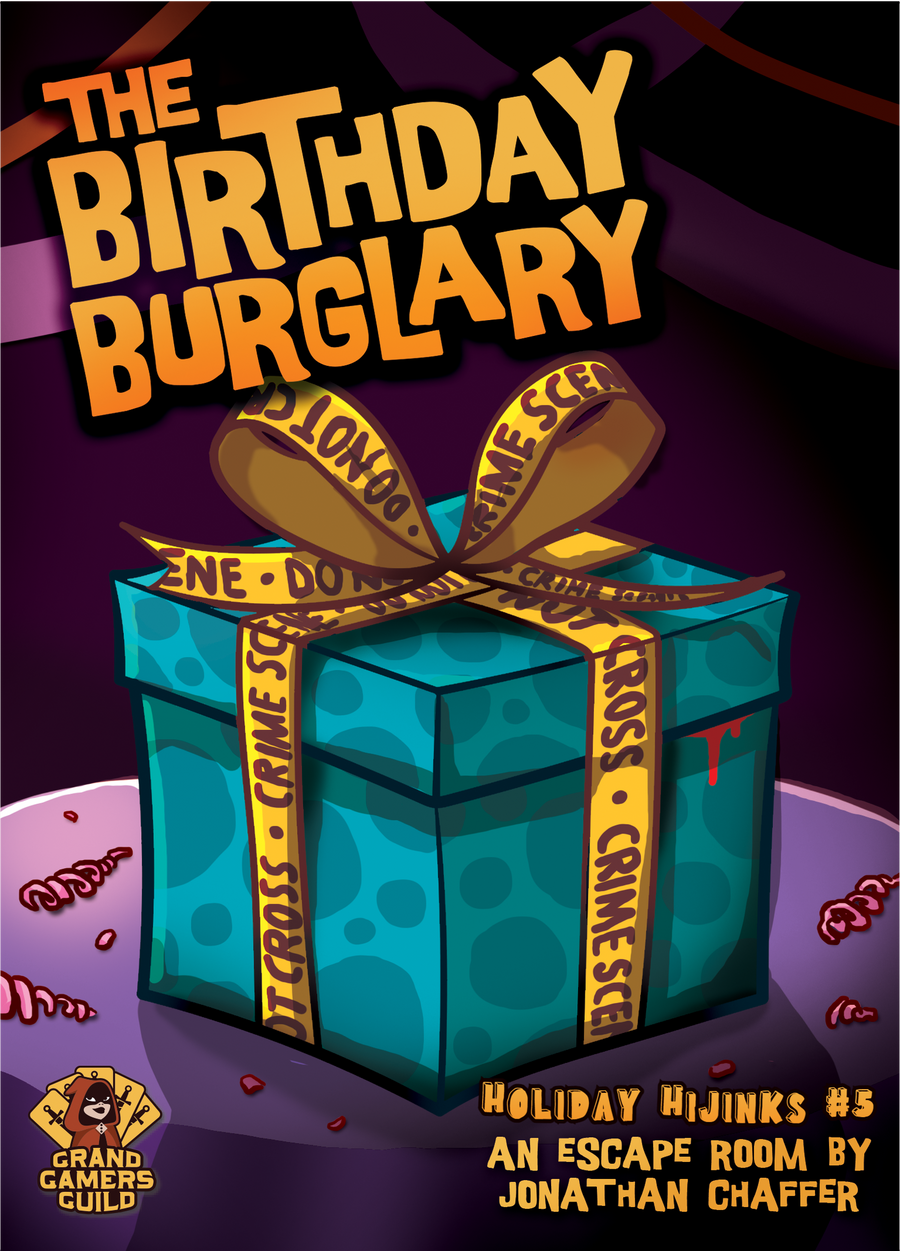A teal gift box wrapped with yellow crime scene tape as a bow and red drips. Titled 'The Birthday Burglary: An Escape Room'