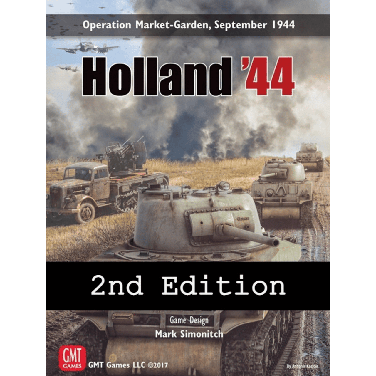 Wargame cover for 'Holland '44, 2nd Edition,' showing WWII tanks, trucks, and planes in a smoky scene of Operation Market Garden