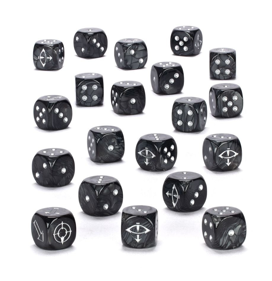 Many black marbled dice with white pips and various white symbols (eyes, bows, targets) scattered on a white background