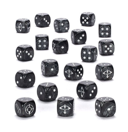 Many black marbled dice with white pips and various white symbols (eyes, bows, targets) scattered on a white background