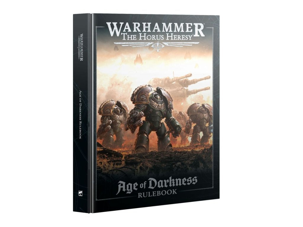 Warhammer The Horus Heresy: Age of Darkness Rulebook with Space Marines marching on a fiery battlefield