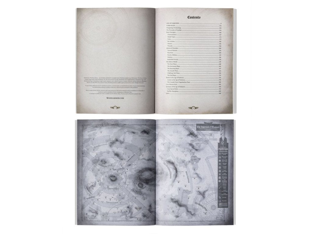 Two open rulebooks. Top shows contents page, bottom a detailed map of "The Imperium of Mankind"