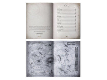 Two open rulebooks. Top shows contents page, bottom a detailed map of "The Imperium of Mankind"