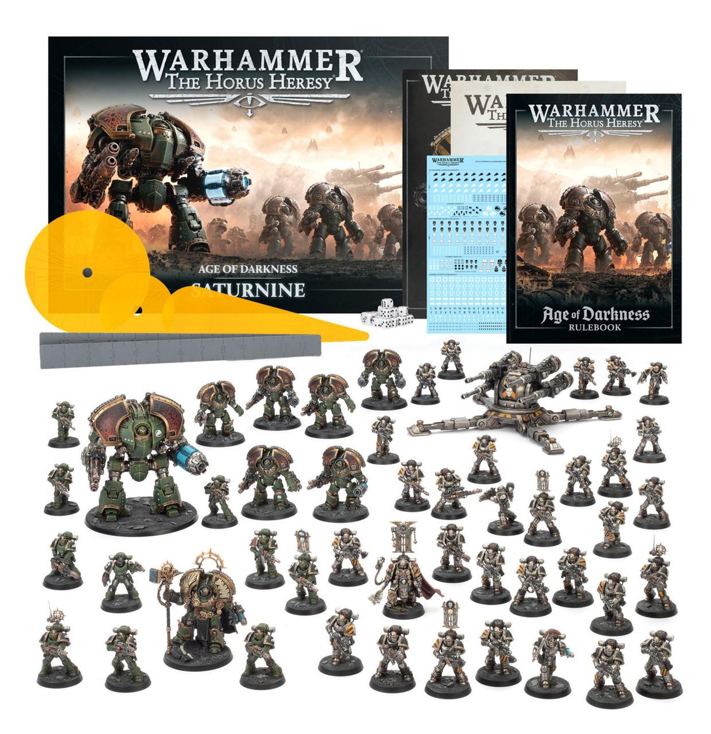 Warhammer The Horus Heresy Age of Darkness box set with rulebooks, accessories, and numerous painted Space Marine miniatures
