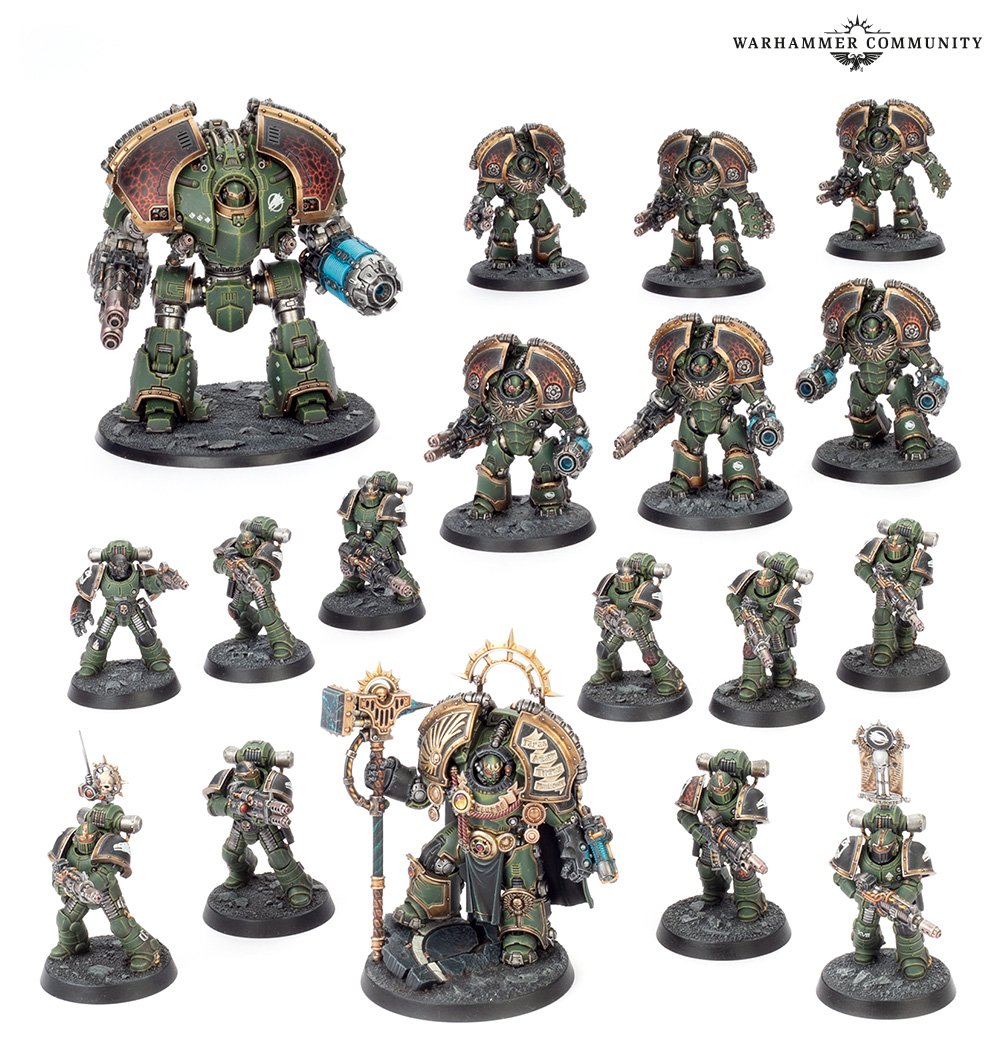 Collection of green &amp; bronze Warhammer 40K Space Marine miniatures, including a Dreadnought