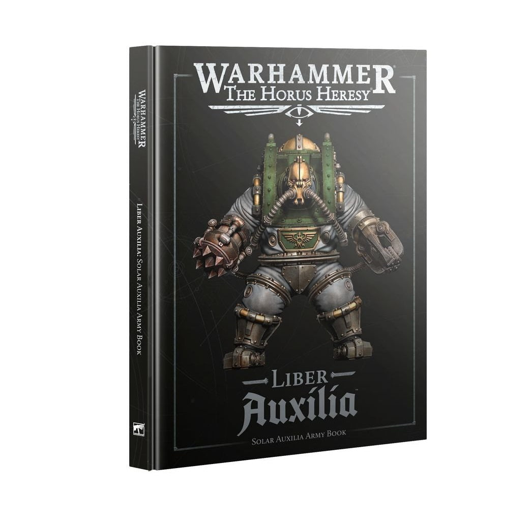 Warhammer The Horus Heresy: Liber Auxilia book, showing a heavily armored, gas-masked Solar Auxilia soldier