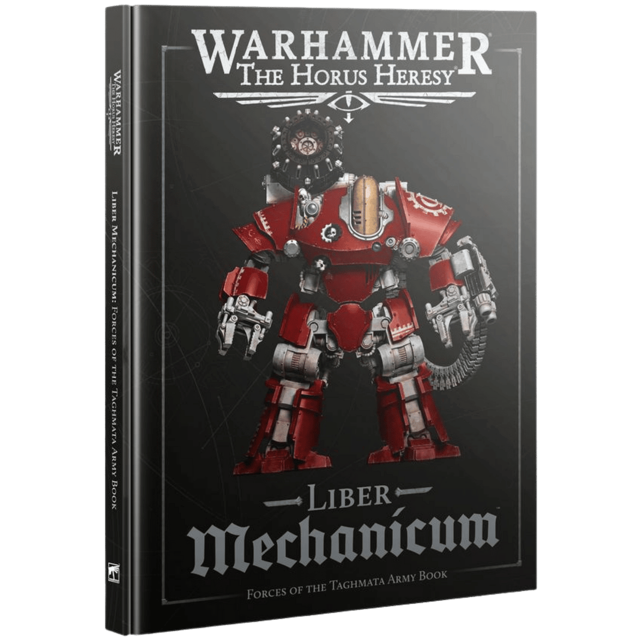 Warhammer The Horus Heresy Liber Mechanicum book cover showing a red and silver heavily armored robot