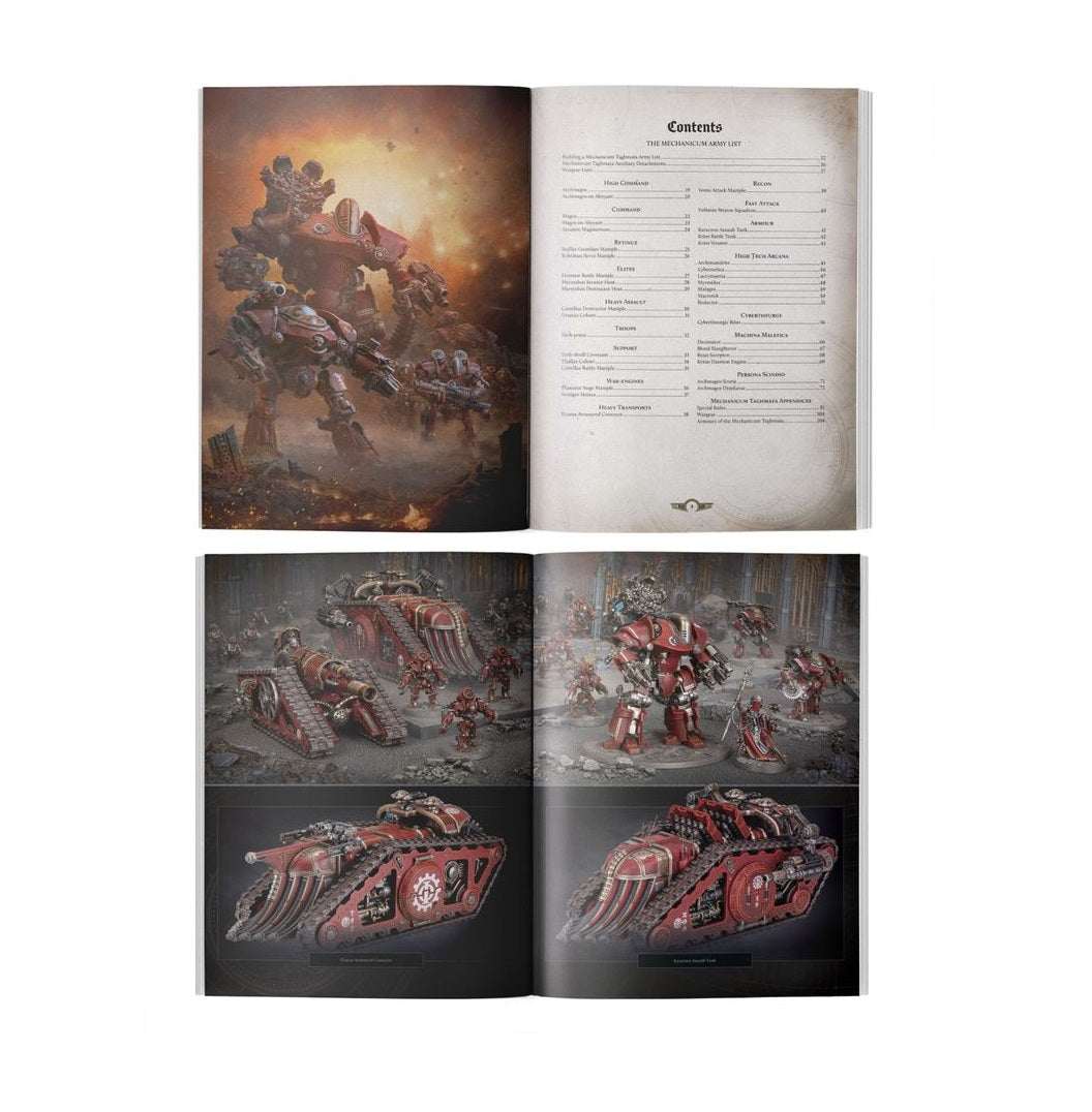 Open wargame book displaying red robot warriors & tanks. Top left: battle illustration. Bottom: photos of detailed miniatures
