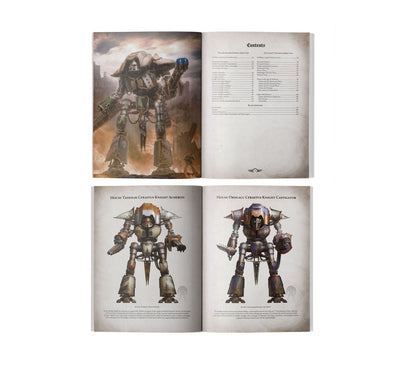 An open rulebook displays detailed illustrations of large Warhammer-style 'Knight' mechs across multiple pages, alongside a contents list