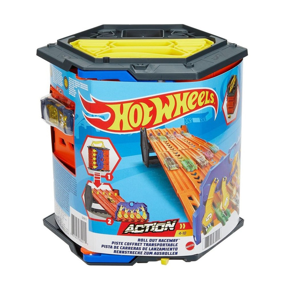 Hot Wheels Roll Out Raceway toy in cylindrical packaging, featuring a multi-lane race track with cars