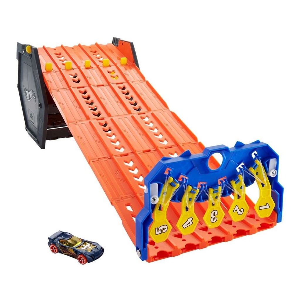 Hot Wheels 5-lane orange race track with a blue finish line, numbered flags, and a toy car