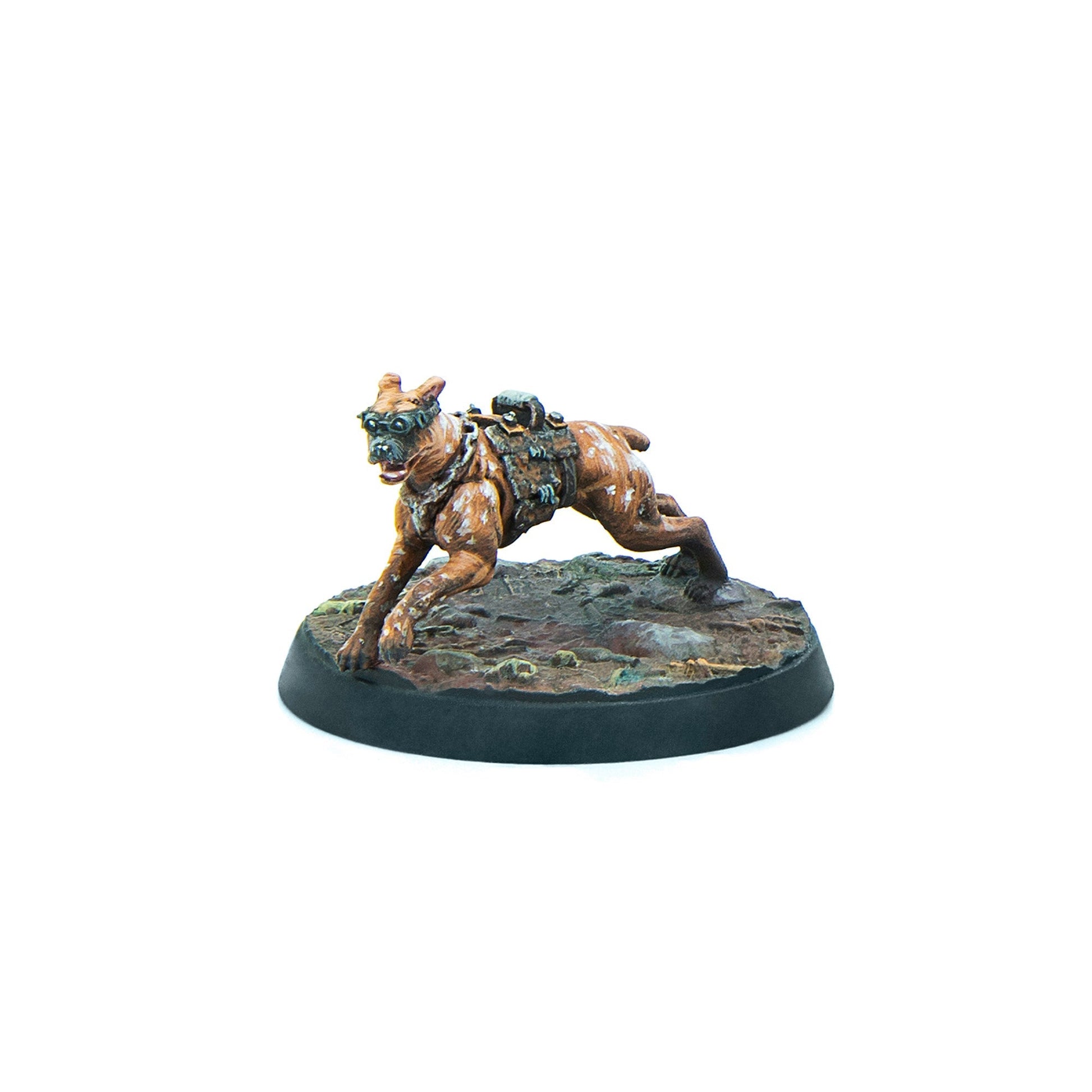 Brown dog miniature wearing goggles and a pack, depicted mid-stride on a textured base