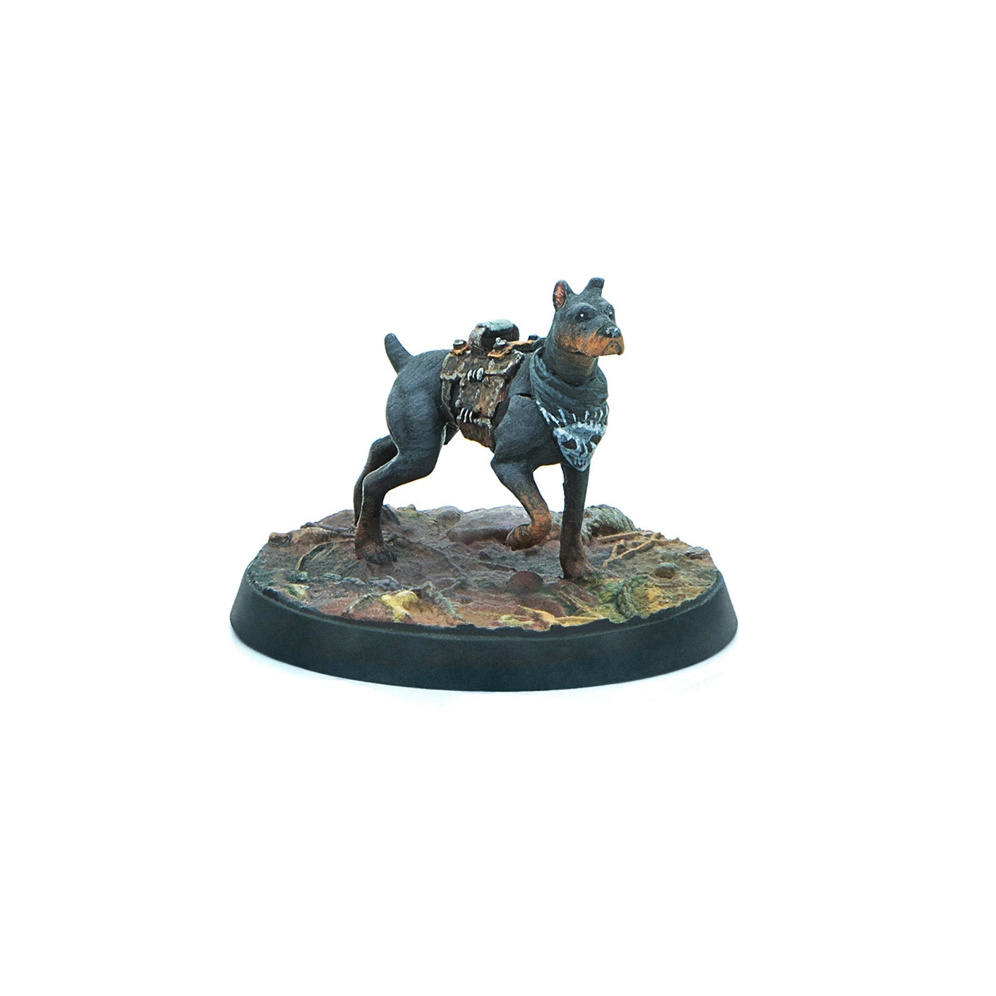 Dark grey miniature dog with a saddle pack and skull bandana, striding on a detailed terrain base
