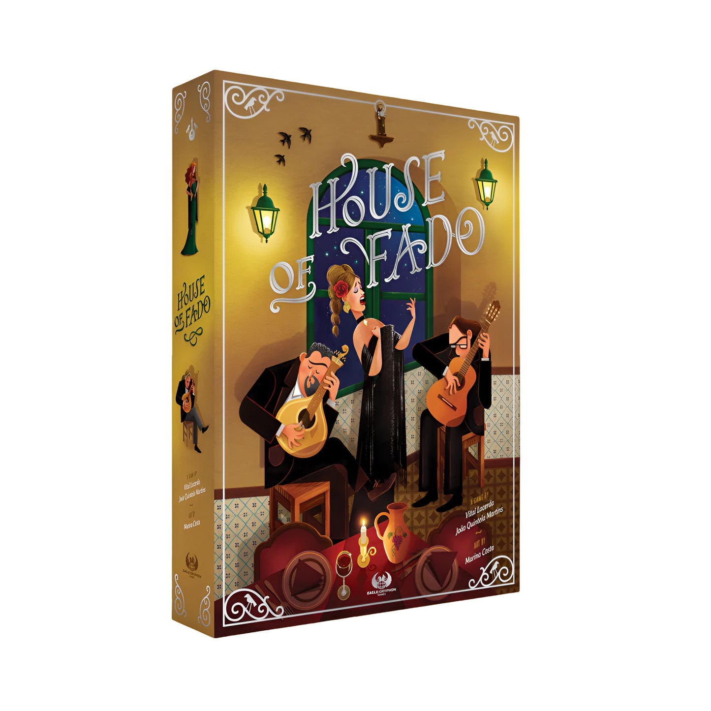 Board game box, "House of Fado", features a female Fado singer performing with two male guitarists at night