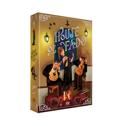 Board game box, "House of Fado", features a female Fado singer performing with two male guitarists at night