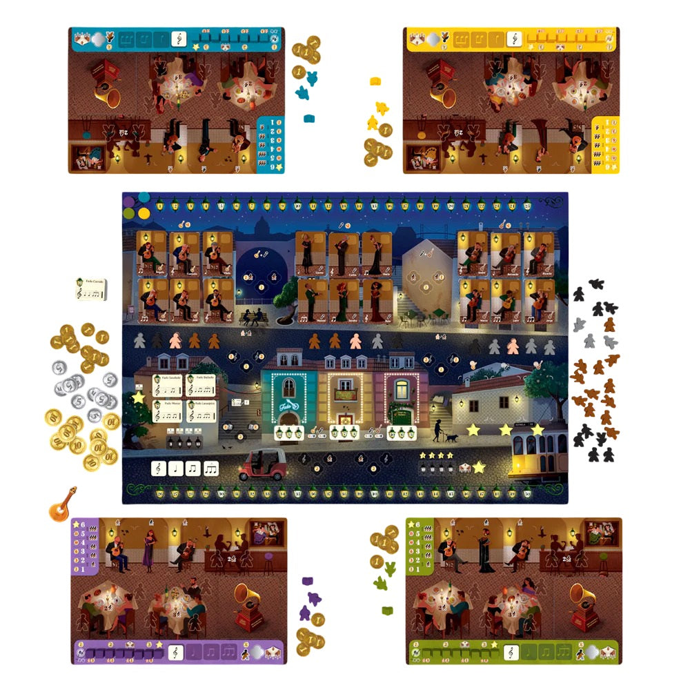 Music-themed House of Fado board game components: a city board with musicians, player boards, and various tokens