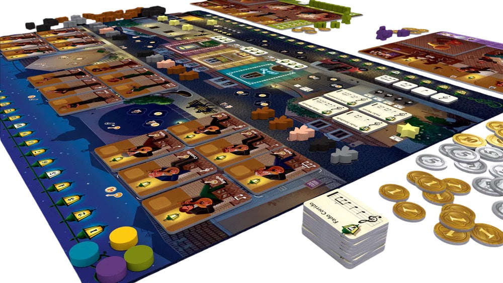 A Fado-themed board game setup with a dark city board, cards of musicians, musical notes, colorful tokens, and gold/silver coins