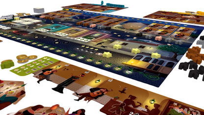 Overhead view of a colorful board game: a city street with a tram, buildings, and game pieces. Illustrated characters play music and dine