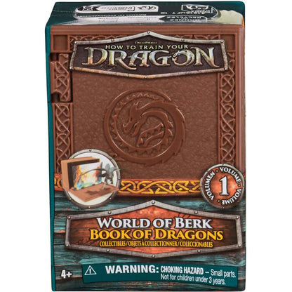 How to Train Your Dragon World of Berk Book of Dragons Volume 1 collectible box, brown book-shaped packaging features a dragon emblem and small parts warning
