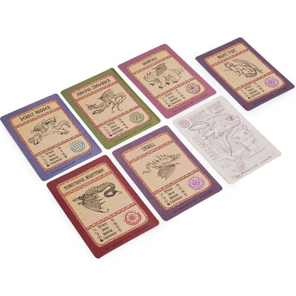 Colorful 'How to Train Your Dragon' collector cards featuring illustrated dragons like Night Fury, Deadly Nadder, and Monstrous Nightmare, with battle stats