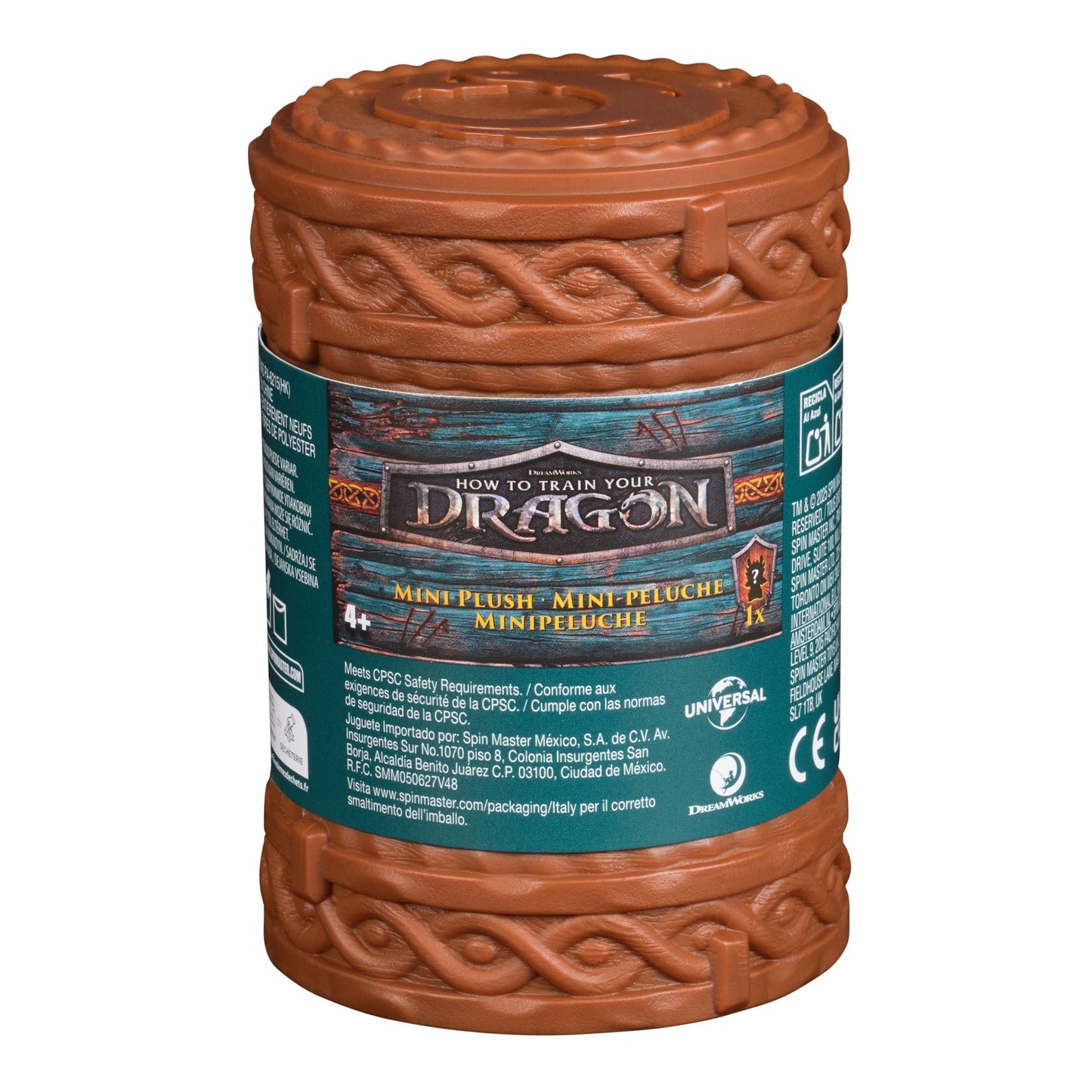 Brown, barrel-shaped container for 'How to Train Your Dragon Mini Plush' with intricate patterns and a teal label
