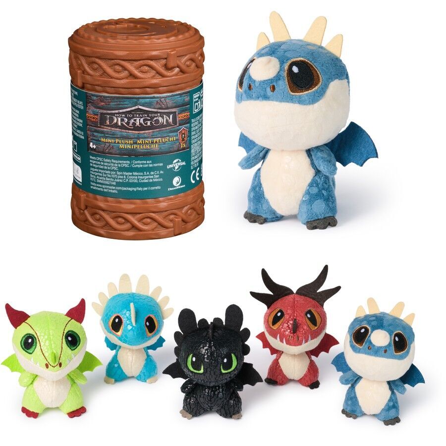 How to Train Your Dragon mini plush collection: cylindrical container & five colorful dragon toys including green, blue, black (Toothless), and red