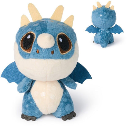Blue and cream plush dragon toy with large brown eyes, small wings, and yellow horns, includes a smaller back view