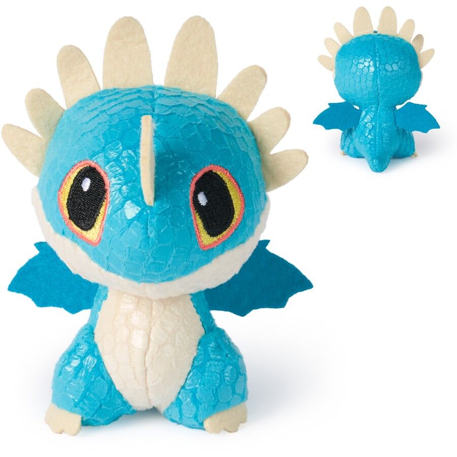 Textured blue dragon plush toy with cream belly, head spikes, and big yellow eyes, sitting, features a smaller back view in top right