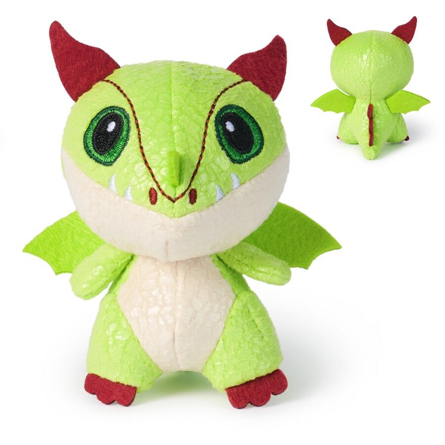 Textured green dragon plush with red horns, big green eyes, and claws, includes a small back view showing a red spine