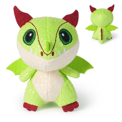 Textured green dragon plush with red horns, big green eyes, and claws, includes a small back view showing a red spine