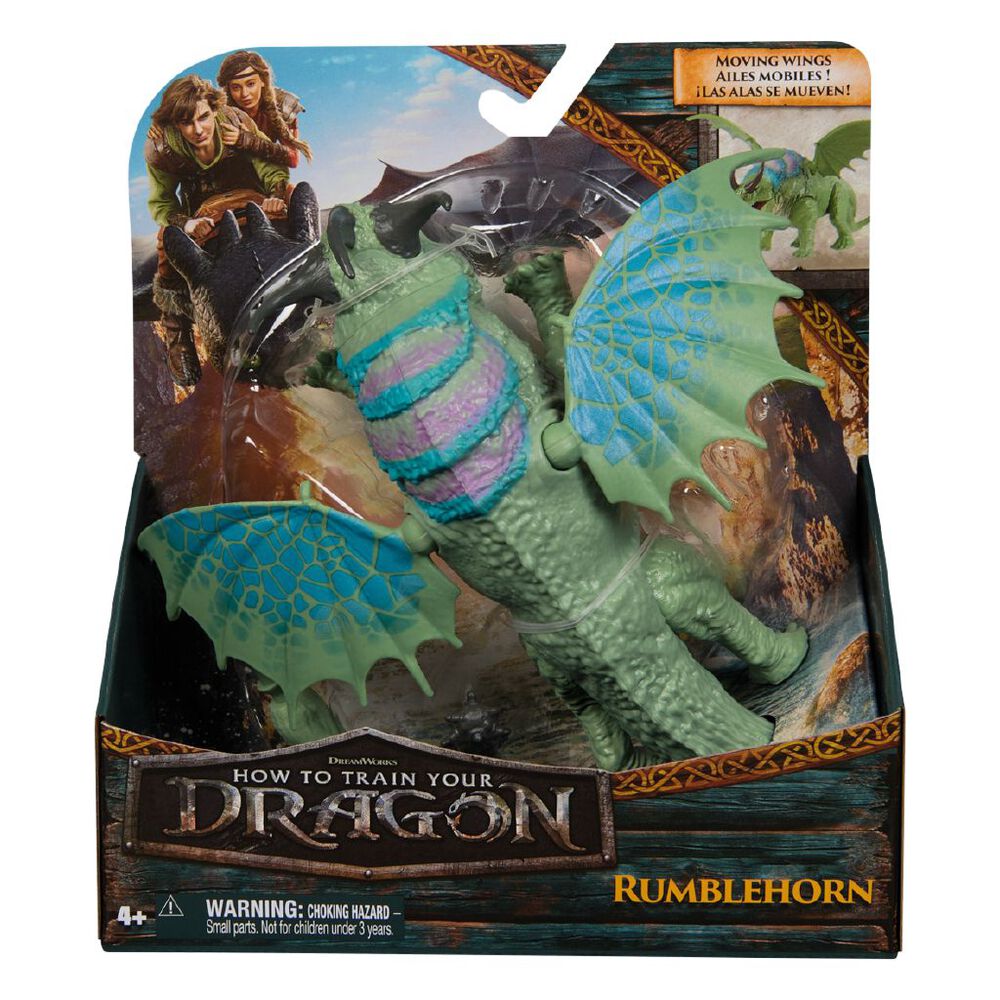 How to Train Your Dragon Rumblehorn action figure in box, green dragon with blue patterned wings, purple striped back, and horns, packaged with film characters