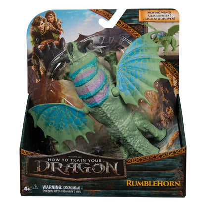 How to Train Your Dragon Rumblehorn action figure in box, green dragon with blue patterned wings, purple striped back, and horns, packaged with film characters