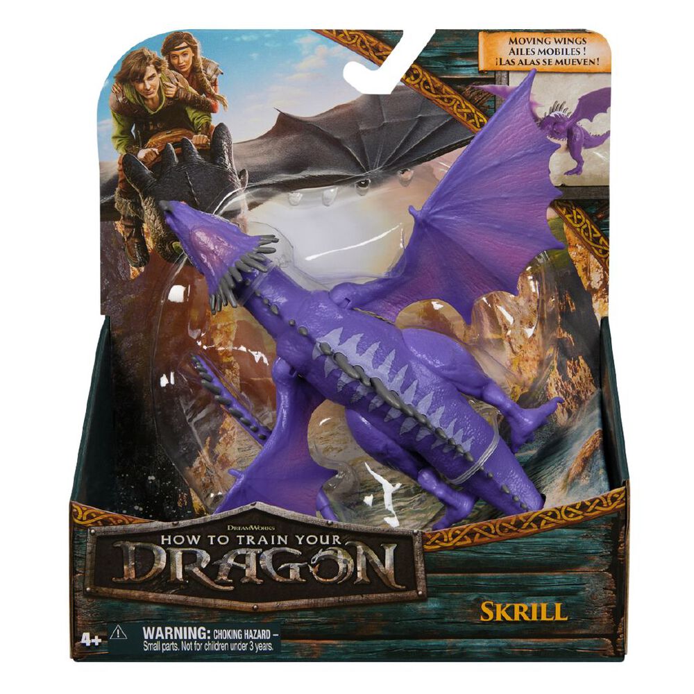 How to Train Your Dragon Skrill purple dragon action figure in package, with moving wings, box shows Hiccup, Astrid, and Toothless