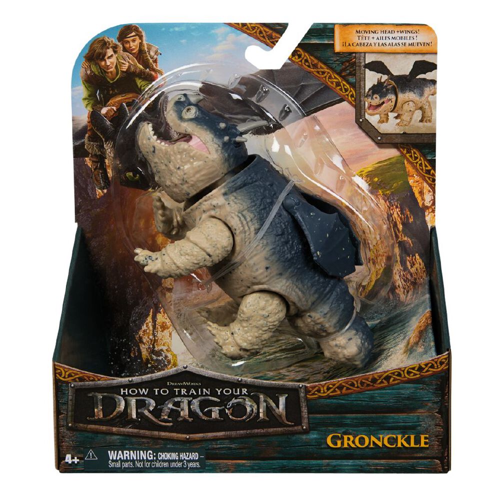 How to Train Your Dragon Gronckle action figure, gray and blue, in retail packaging, box shows Hiccup, Astrid, and features like 'moving head + wings'