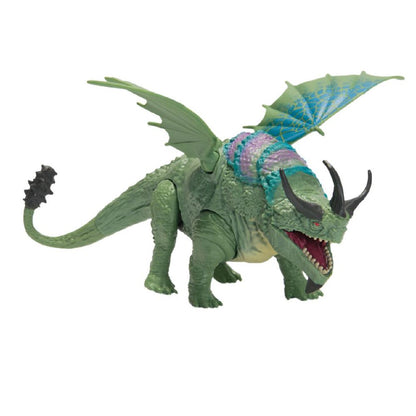 Green dragon action figure with open mouth, sharp teeth, dark horns, green and blue patterned wings, and vibrant blue-purple back ridges