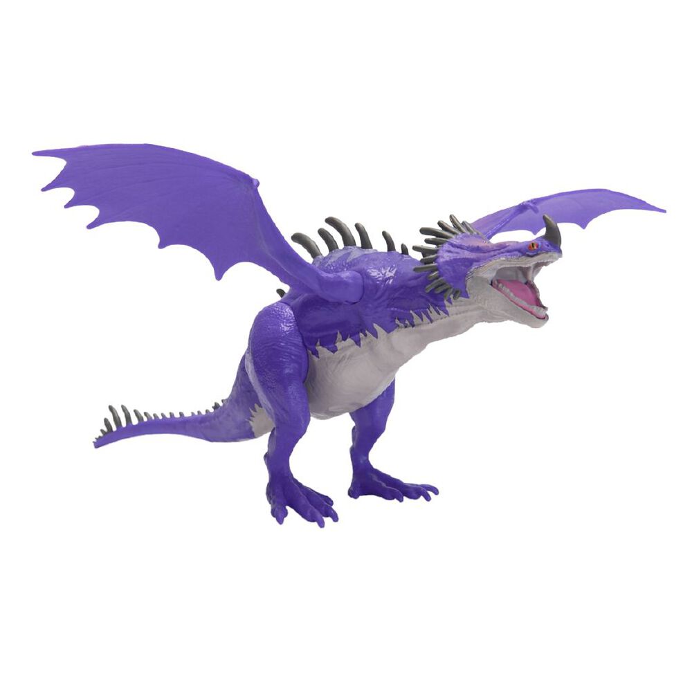 Purple and white toy dragon with open mouth, spread wings, and black spikes on its back and head, standing on a white background