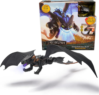 How to Train Your Dragon Ultimate Plasma Blast Toothless black action figure with glowing mouth, displayed in front of its box showing plasma effects & 25-inch wingspan
