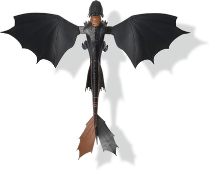 Black Toothless dragon figure from above, with wide wings and a distinctive brown prosthetic tail fin