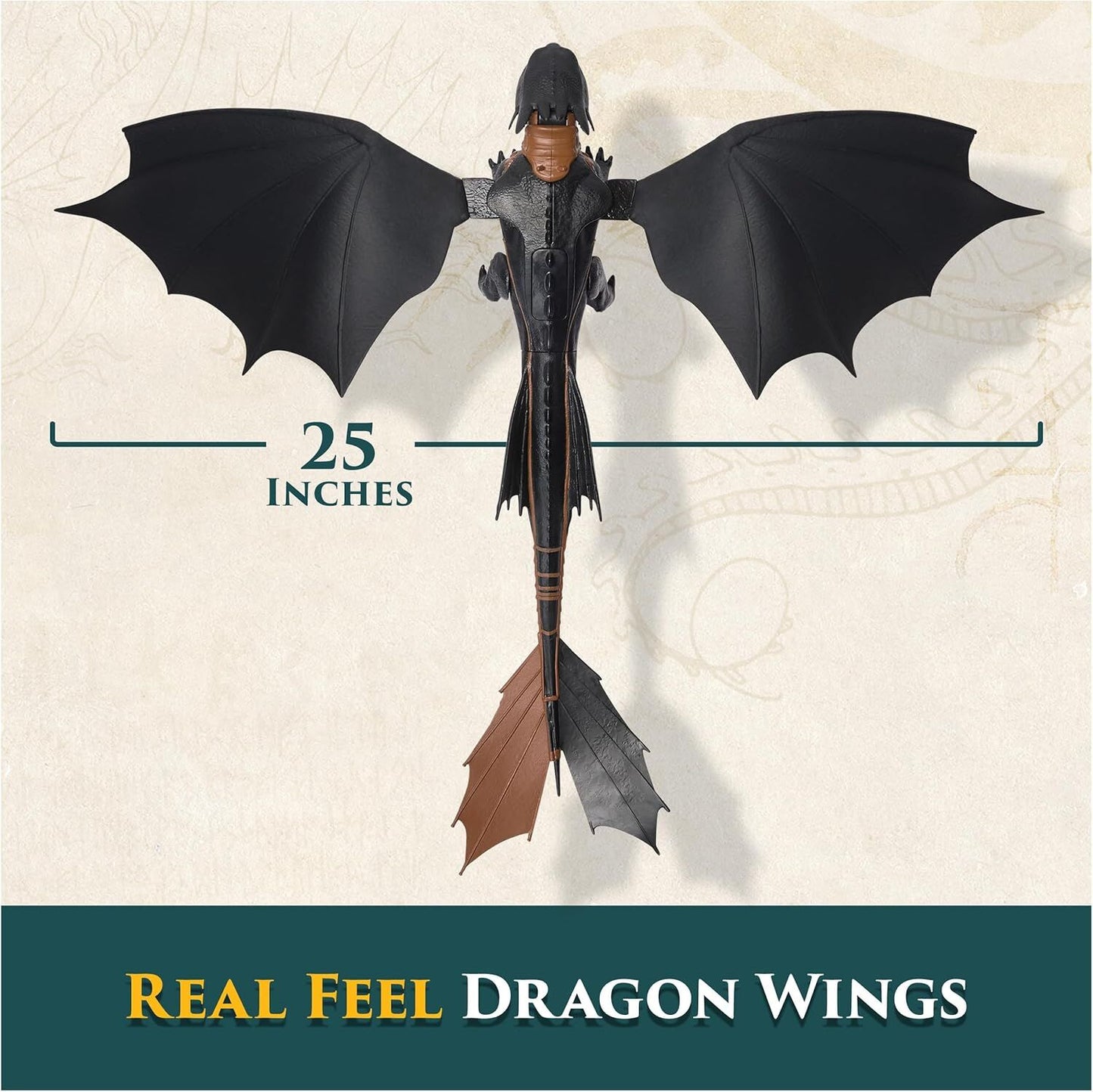 Black Toothless dragon toy, 25 inches wide, with wide spread 'Real Feel' black wings and one brown tail fin, viewed from above
