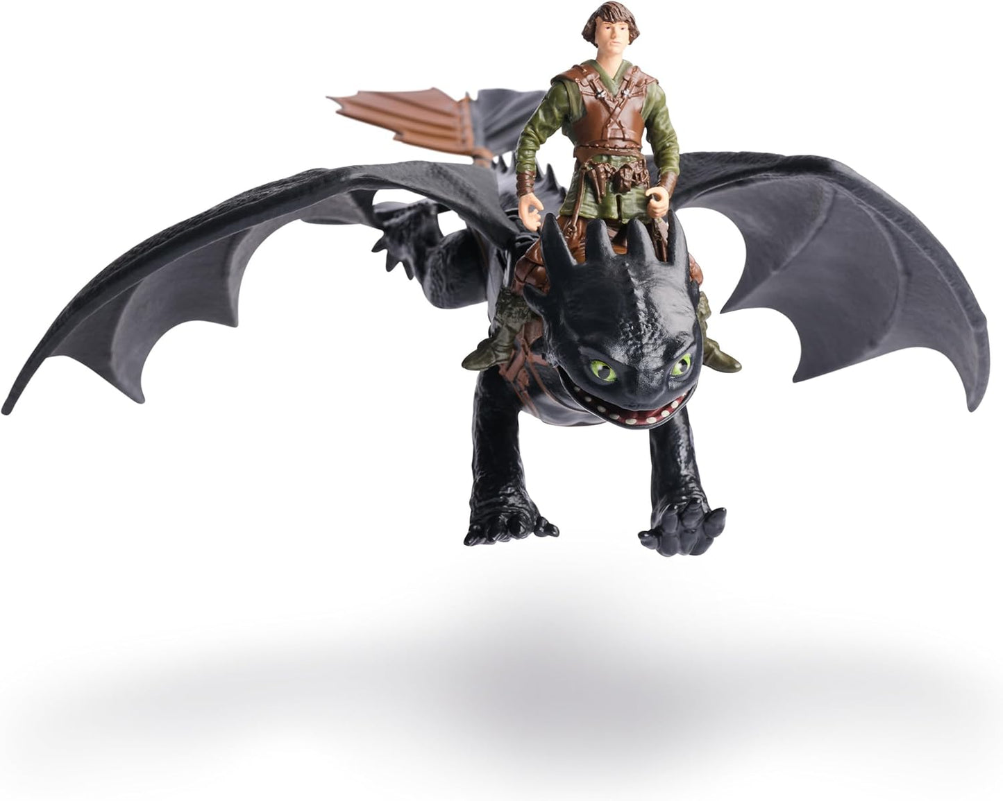 How to Train Your Dragon Hiccup action figure riding a black Toothless dragon with wide wings and green eyes