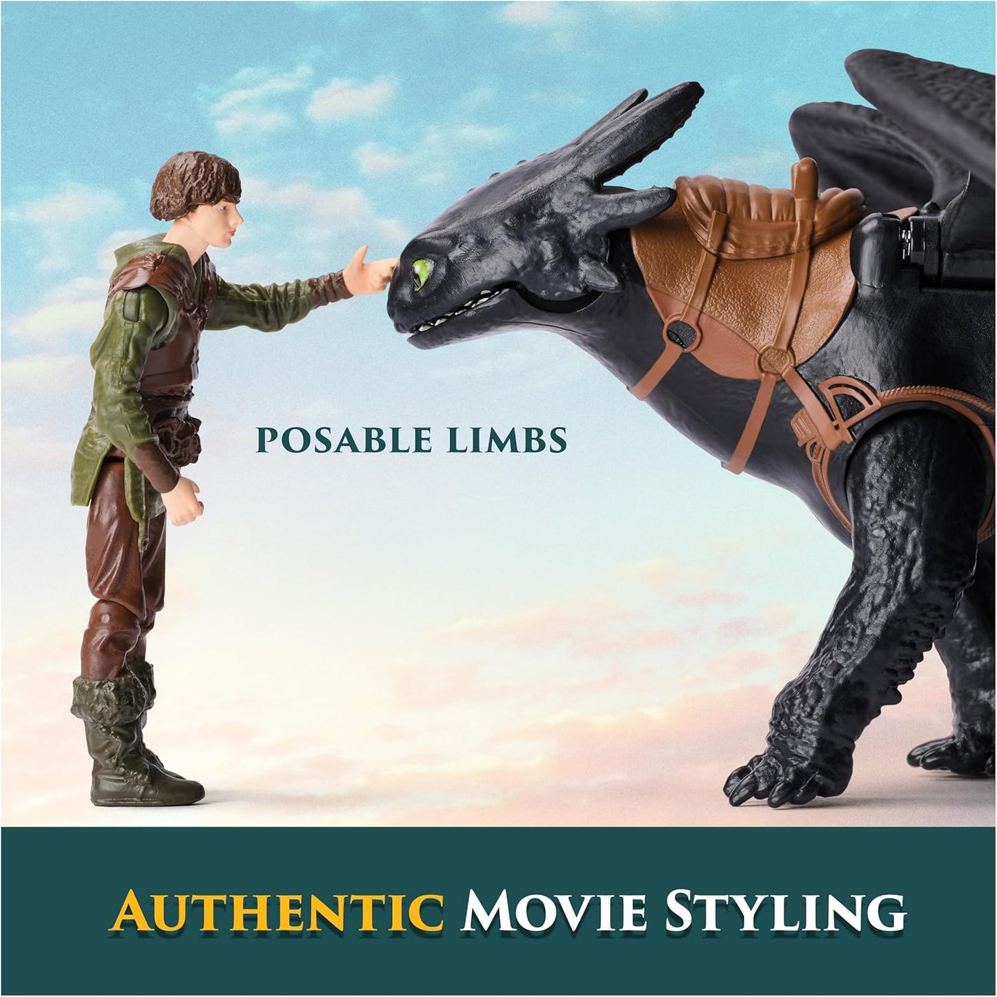Hiccup action figure touching Toothless, the black dragon figure with a saddle, against a sky background, both figures have posable limbs and authentic movie styling