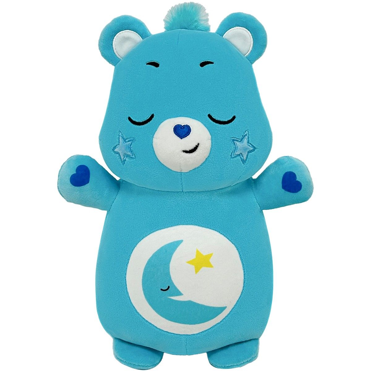 Blue Bedtime Care Bear plush with closed eyes, heart nose, and a sleeping moon and star belly badge
