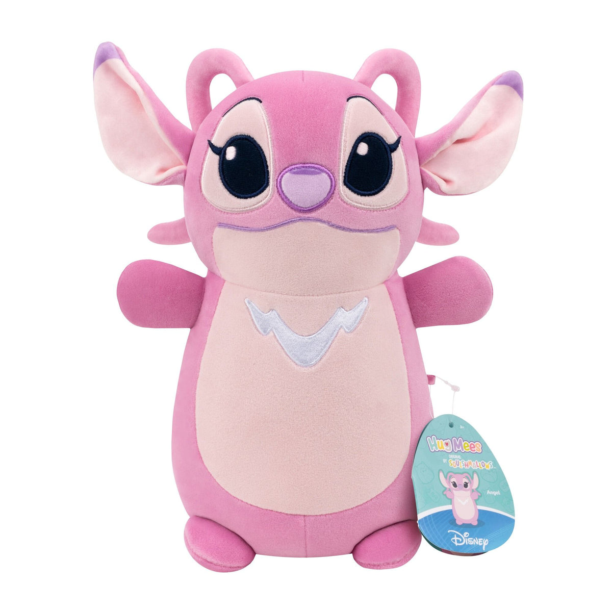 Pink Angel Hug Mees Squishmallow plush from Disney&#39;s Lilo &amp; Stitch, featuring large ears and embroidered details with tag