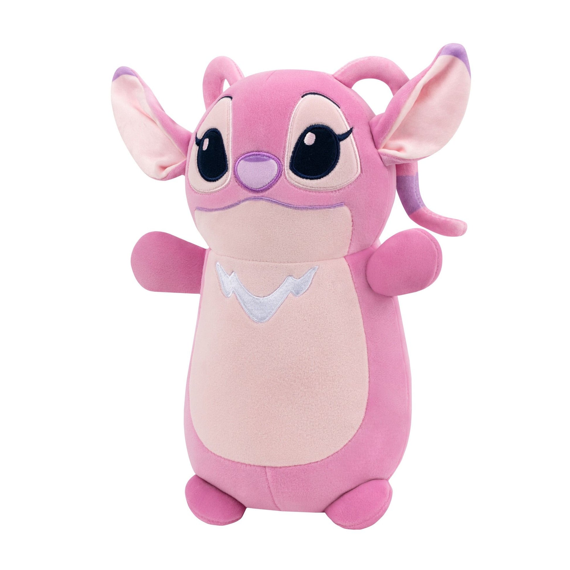 Side view of Pink Angel Hug Mees Squishmallow plush from Disney's Lilo & Stitch, featuring large ears and embroidered details