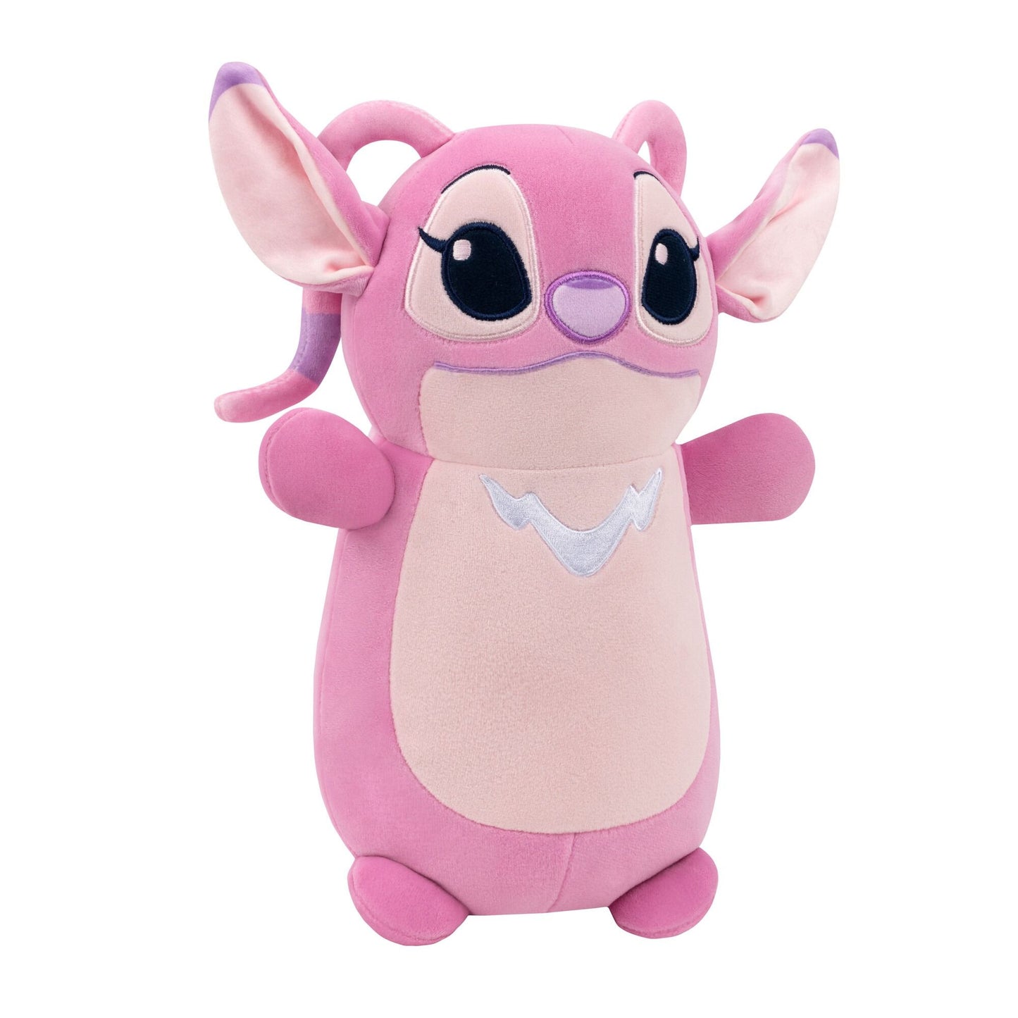Side view of Pink Angel Hug Mees Squishmallow plush from Disney's Lilo & Stitch, featuring large ears and embroidered details