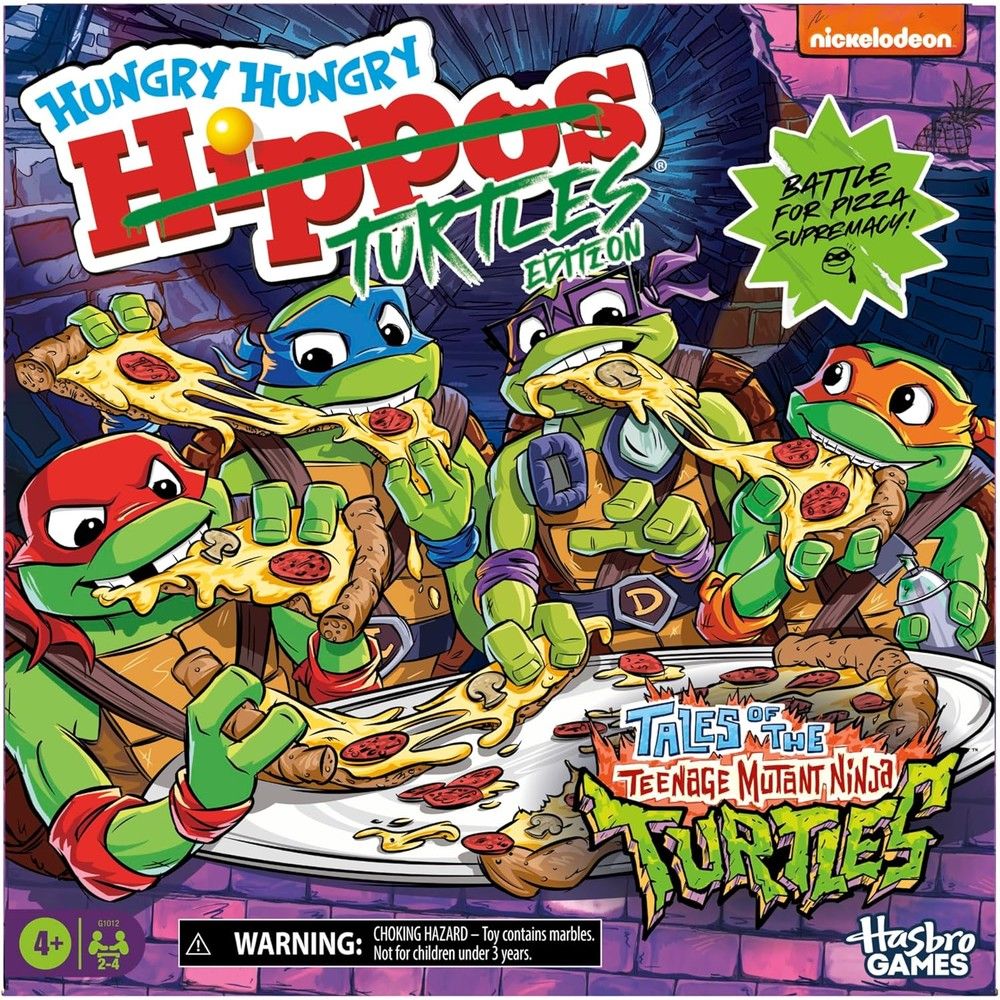 Hungry Hungry Hippos Turtles Edition box features four Ninja Turtles eagerly eating pizza