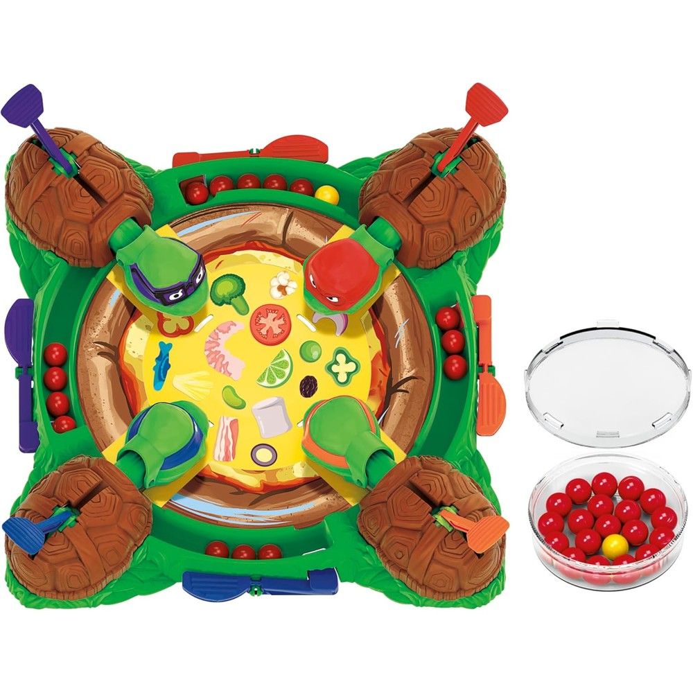 A green Teenage Mutant Ninja Turtles board game features four turtles around a central pizza with illustrated toppings. Red and yellow game pieces are included