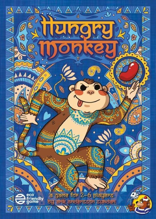Hungry Monkey game cover: A mischievous, patterned monkey with its tongue out reaches for a red jelly bean on a vibrant blue background.